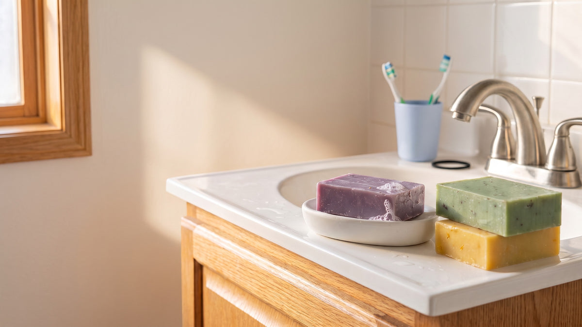 Sensible bar soap by a sunny family sink