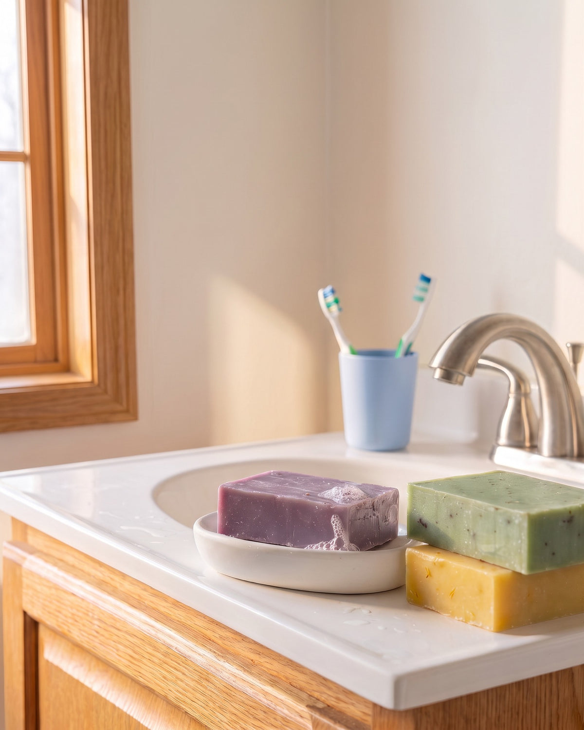 Sensible bar soap by a sunny family sink