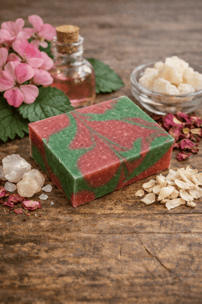 Geranium Swirl Bar Soap, unboxed bar