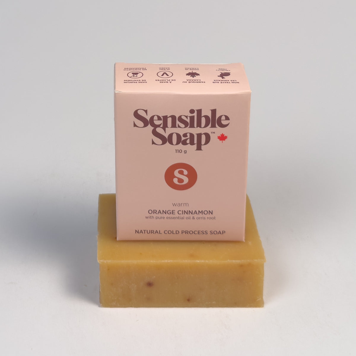 Sensible Soap Orange Cinnamon box standing on a bare Orange Cinnamon bar