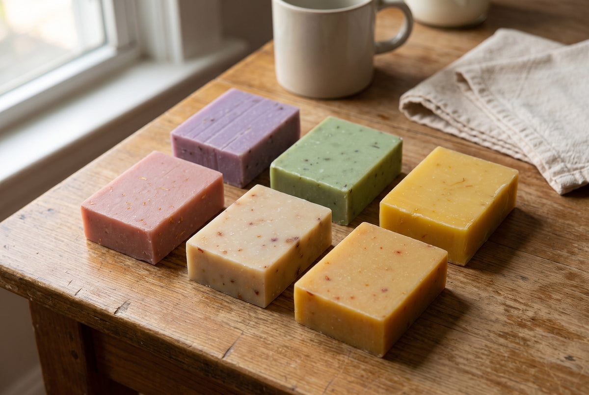 Six different Sensible soap bars laid out on a wooden kitchen table: Lavender, Peppermint, Lemongrass, Grapefruit, Oatmeal and Orange Cinnamon