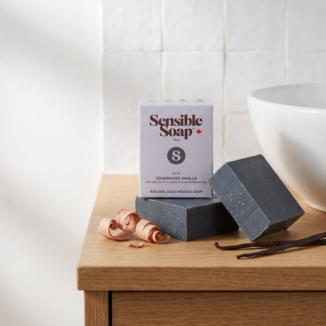 Sensible Soap Cedarwood Vanilla bar soap, studio setting