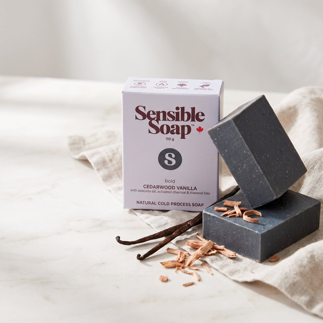Sensible Soap Cedarwood Vanilla bar soap, studio setting