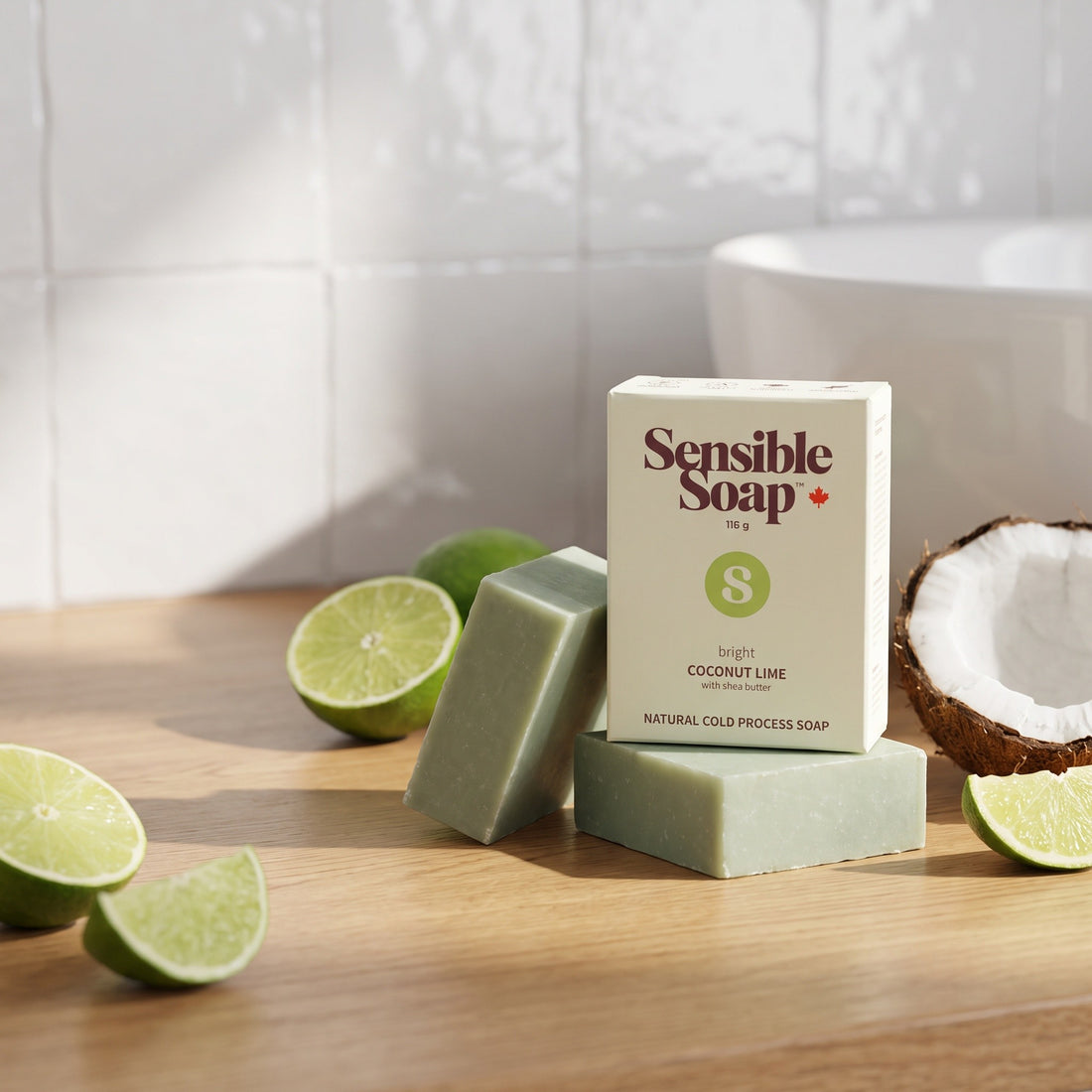 Sensible Soap Coconut Lime bar soap, studio setting