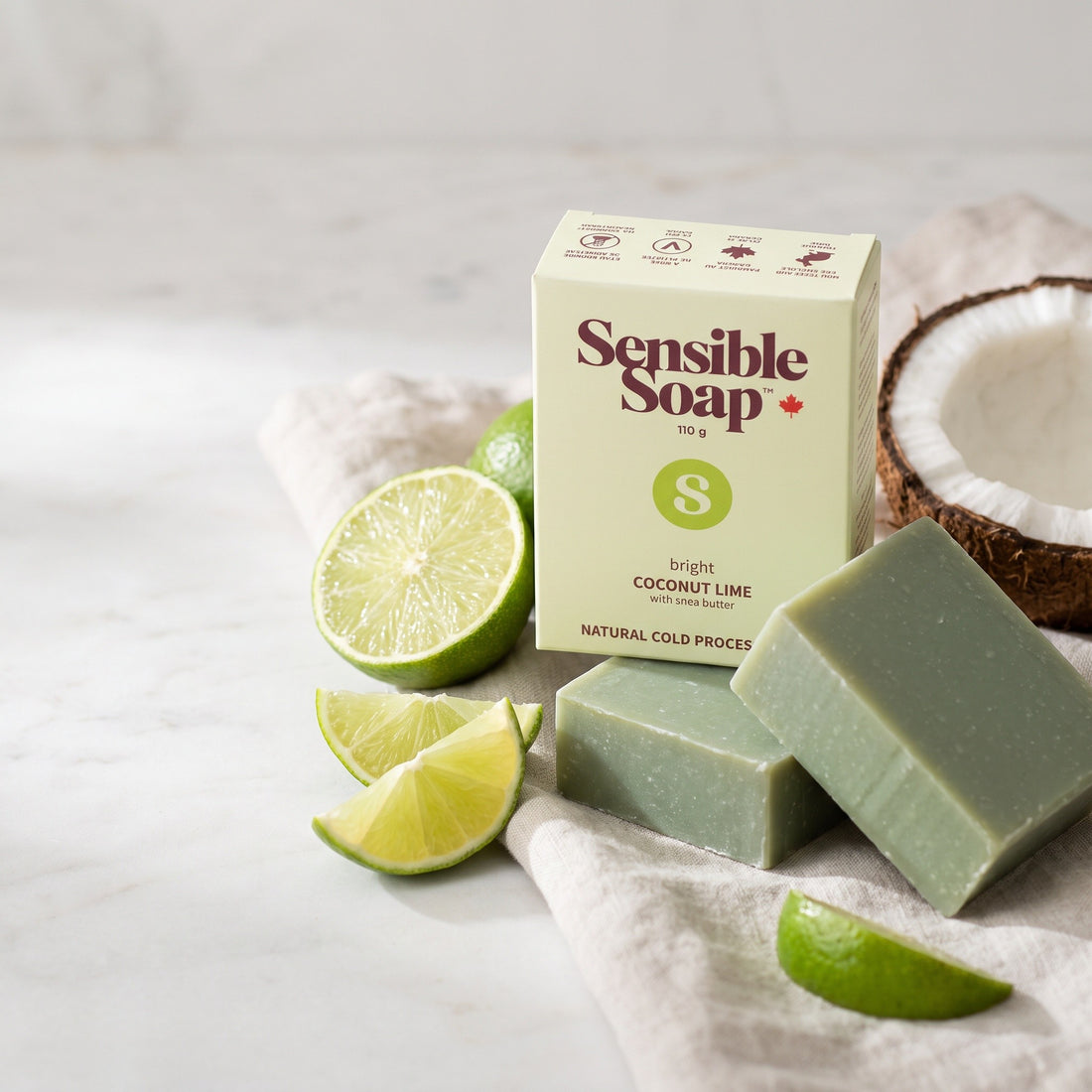 Sensible Soap Coconut Lime bar soap, studio setting