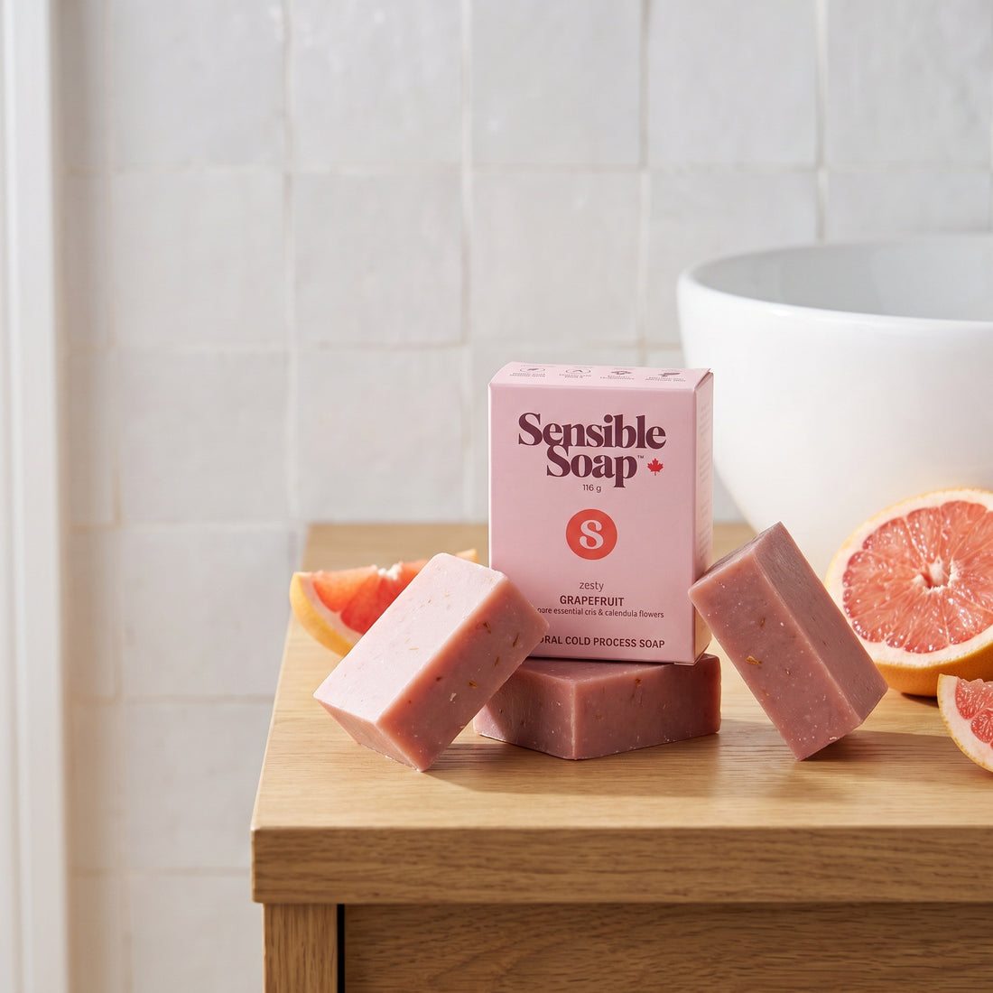 Sensible Soap Grapefruit bar soap, studio setting