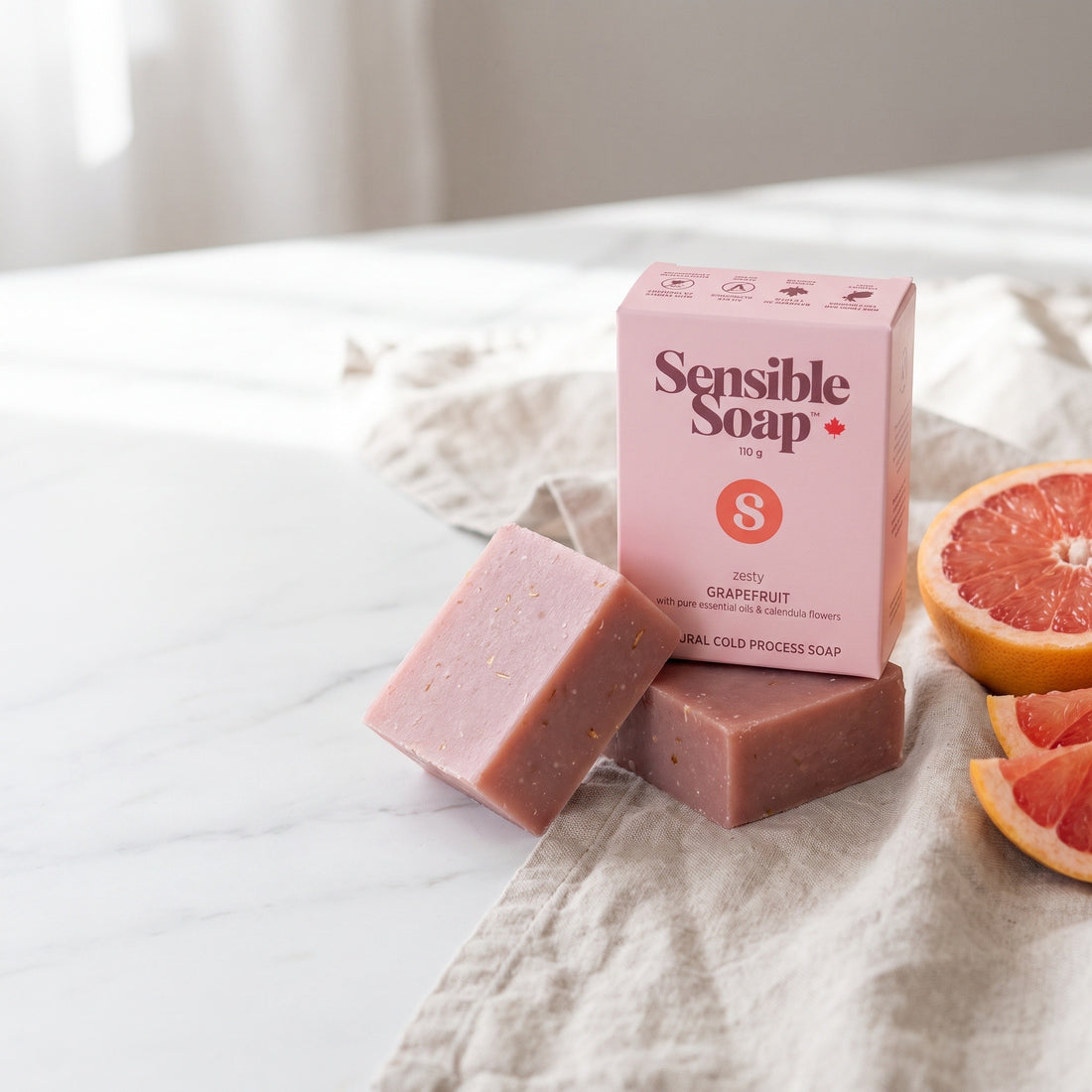 Sensible Soap Grapefruit bar soap, studio setting