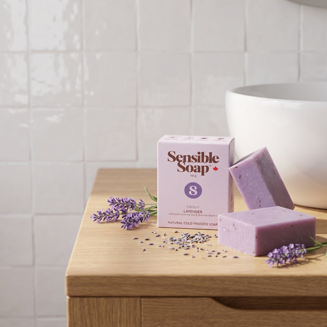 Sensible Soap Lavender bar soap, studio setting