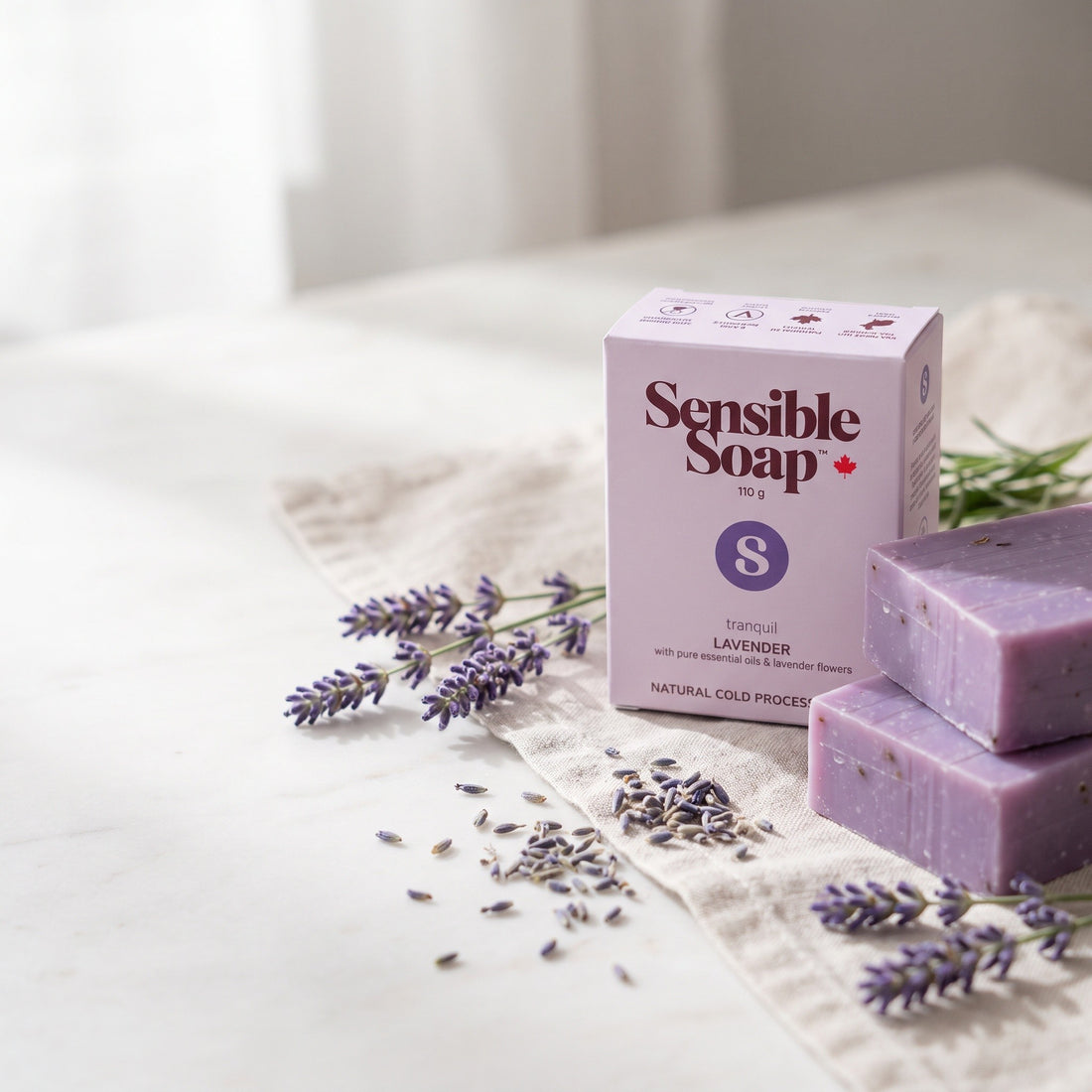 Sensible Soap Lavender bar soap, studio setting