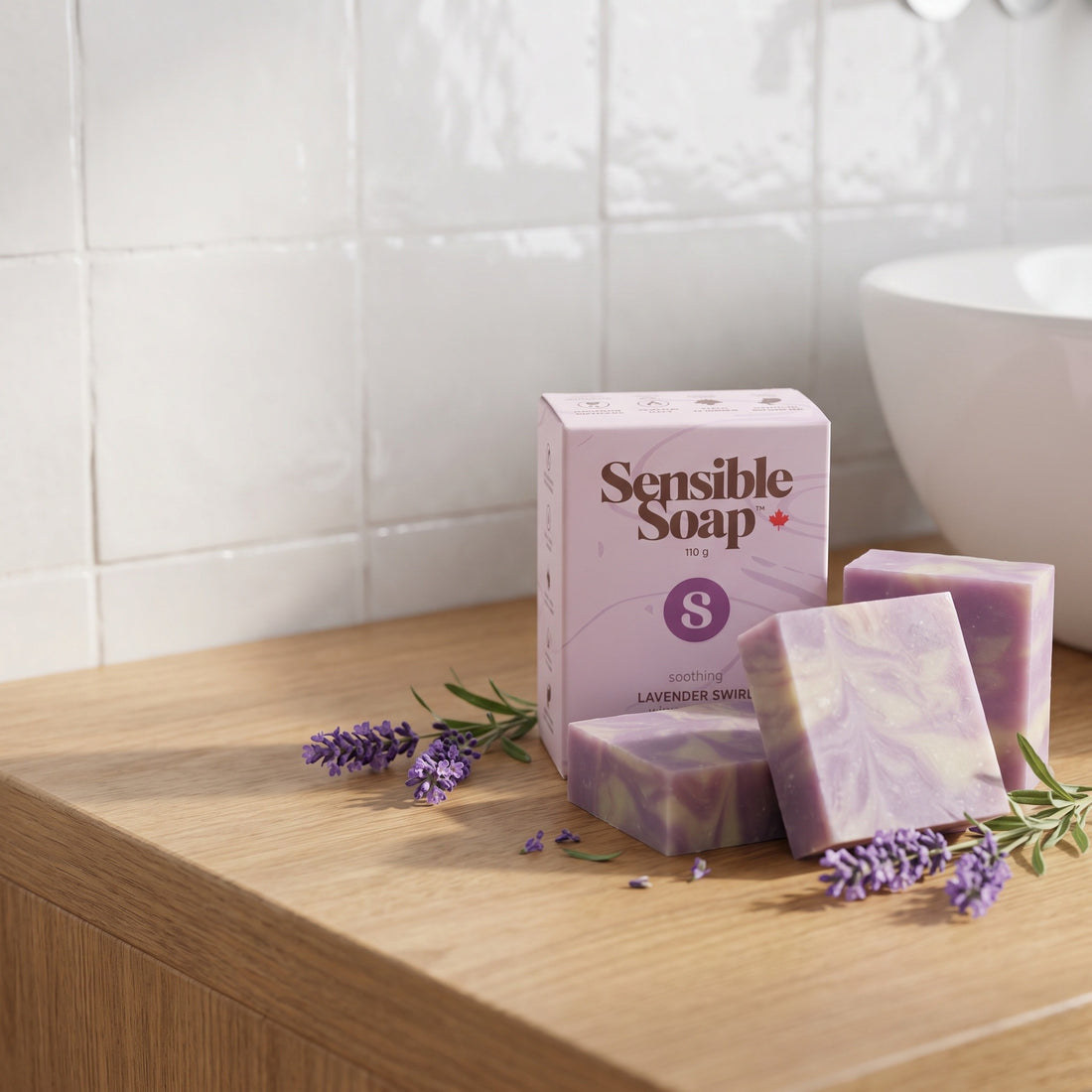 Sensible Soap Lavender Swirl bar soap, studio setting