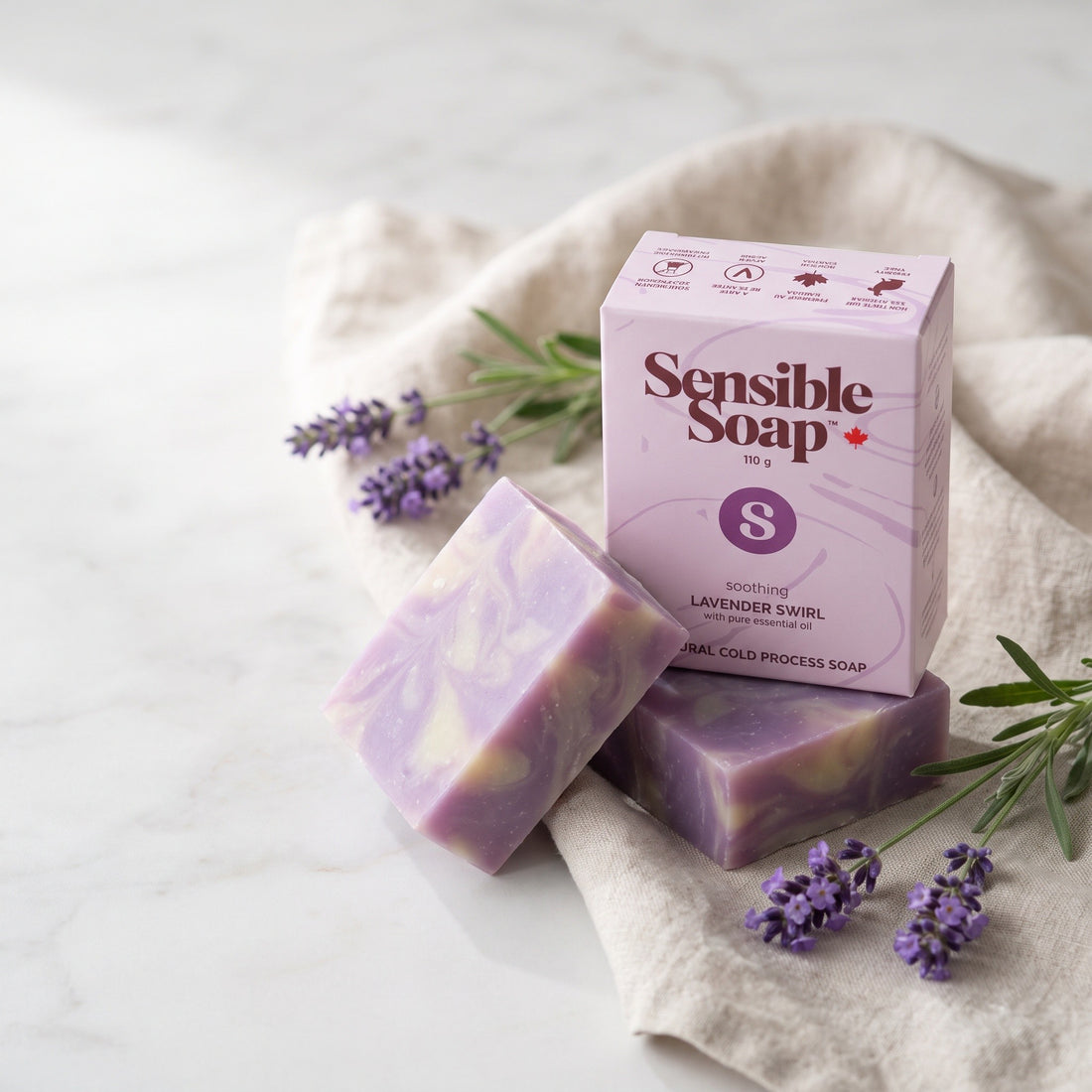 Sensible Soap Lavender Swirl bar soap, studio setting