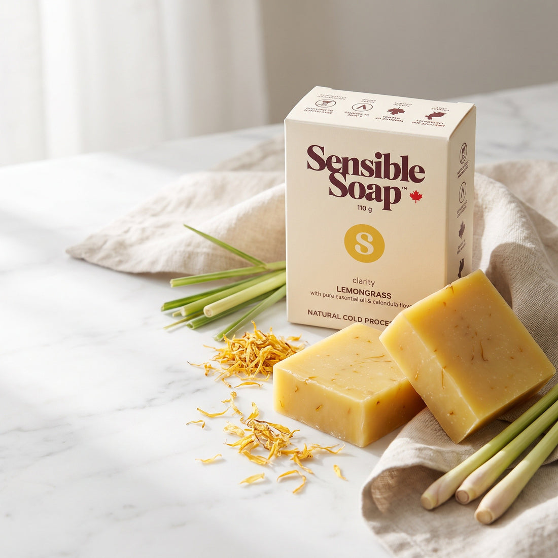 Sensible Soap Lemongrass bar soap, studio setting