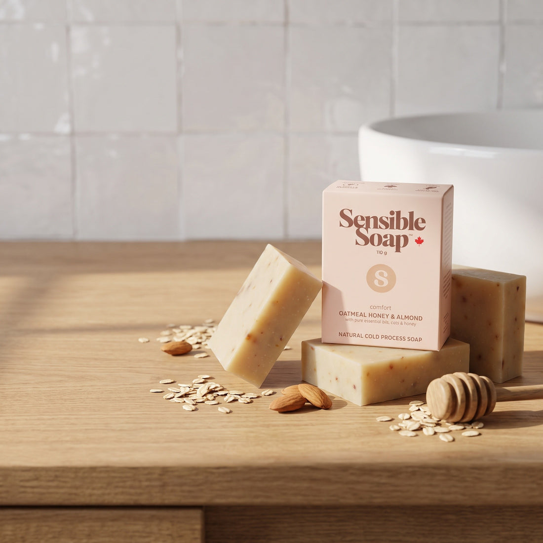 Sensible Soap Oatmeal Honey & Almond bar soap, studio setting