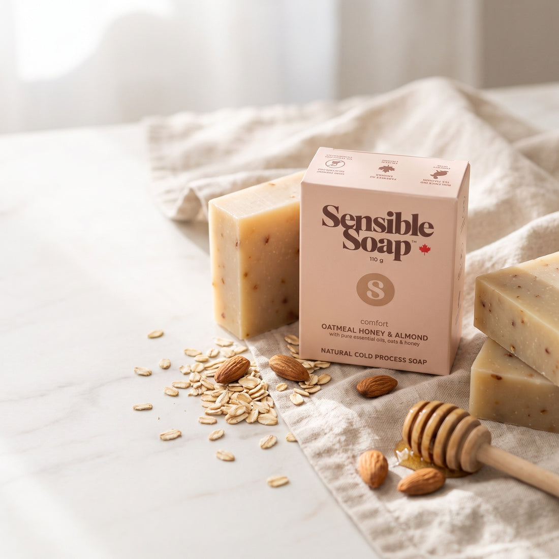 Sensible Soap Oatmeal Honey & Almond bar soap, studio setting