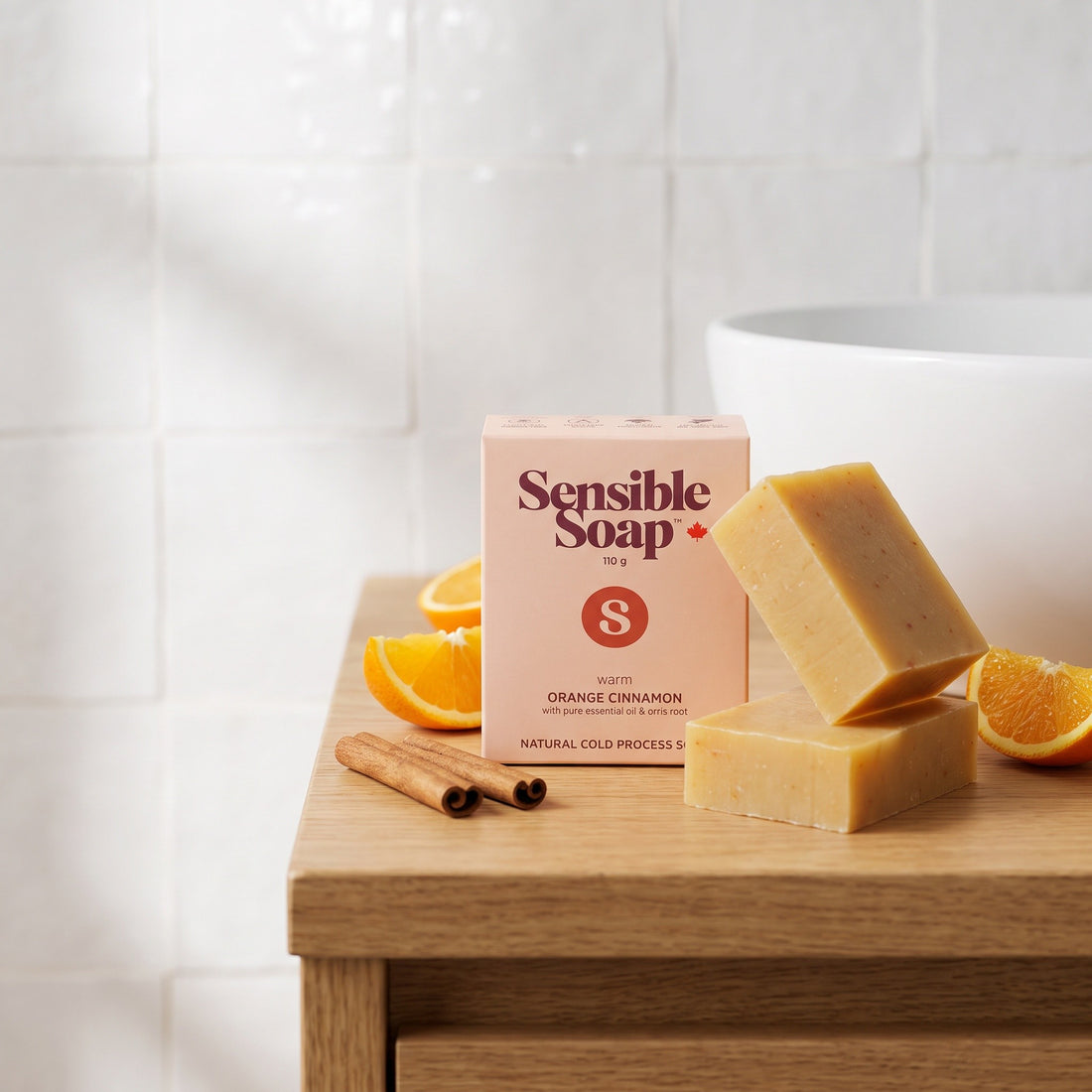 Sensible Soap Orange Cinnamon bar soap, studio setting