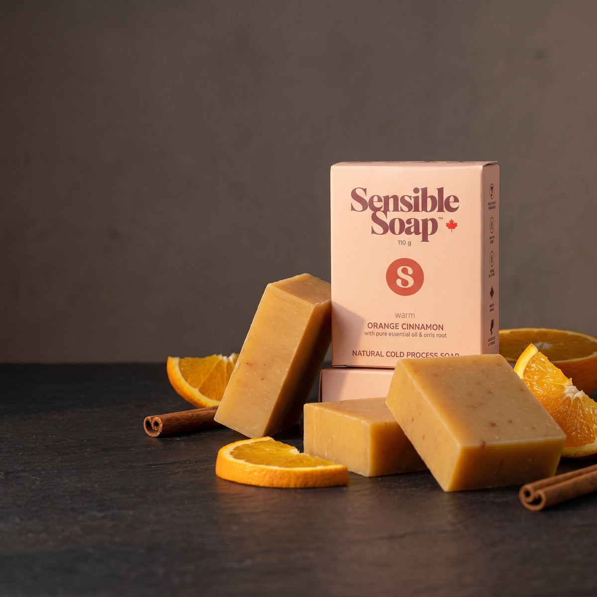 Sensible Soap Orange Cinnamon bar soap, dark slate setting