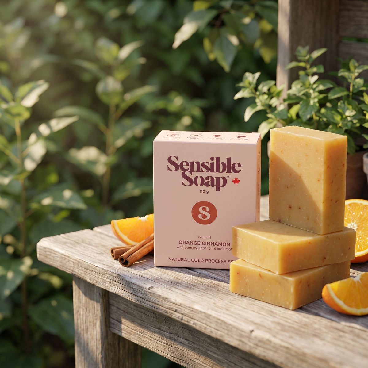 Sensible Soap Orange Cinnamon bar soap, garden bench setting
